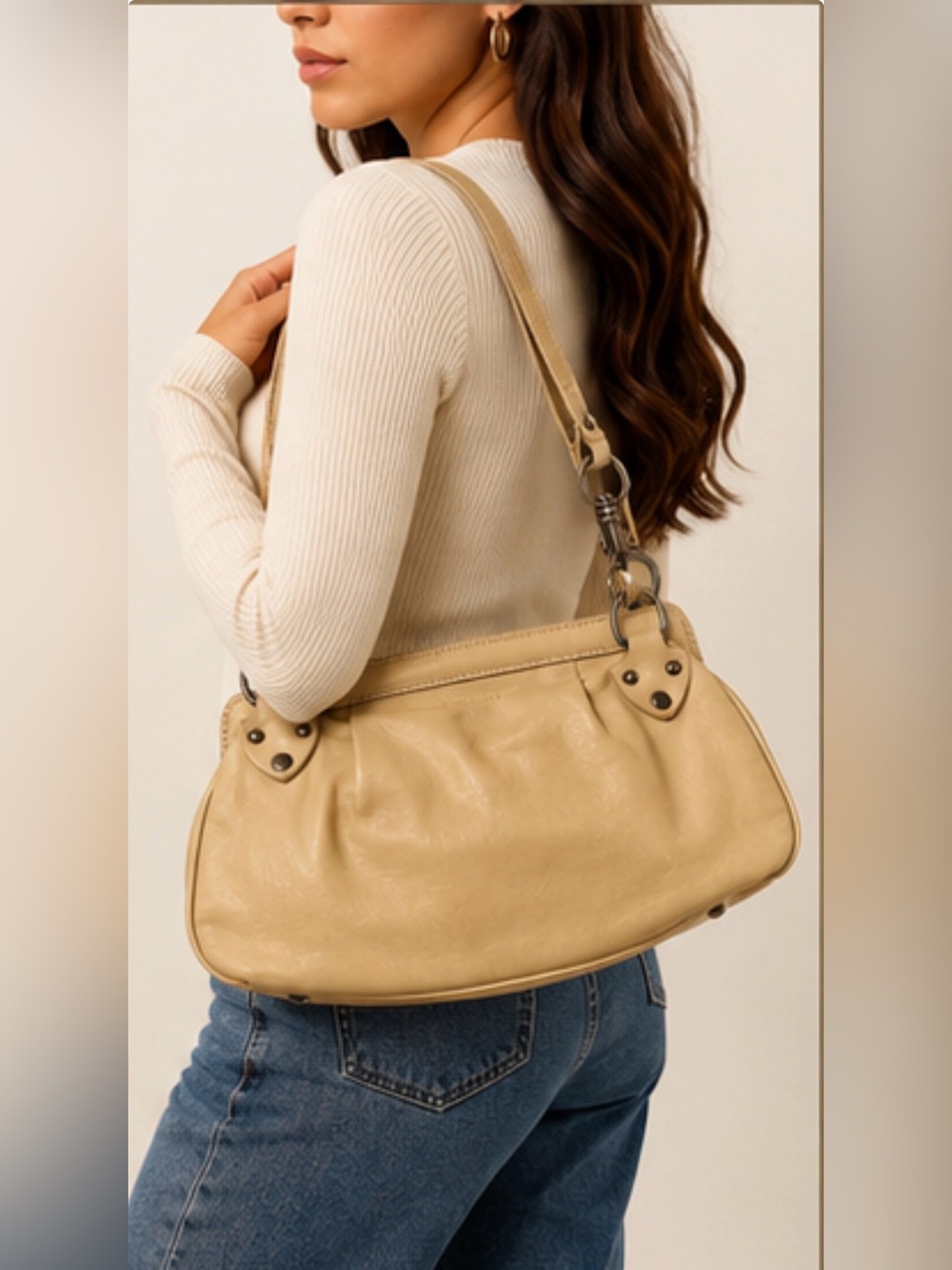 Dimoni Genuine Leather Shoulder Bag‎ Made in Spain Beige Slouchy Hobo Purse